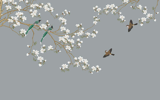 New Chinese Flower and Bird Wallpaper Mural | Magnolia Flower and Bird - white magnolia blossoms with green birds on gray background