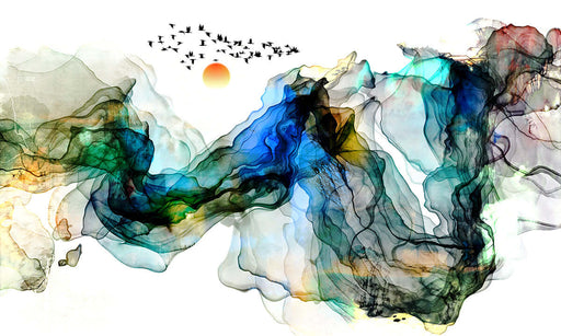 New Chinese ink landscape wallpaper | Abstract artistic conception themed mural - flowing ink mountains and rivers with birds and sunset