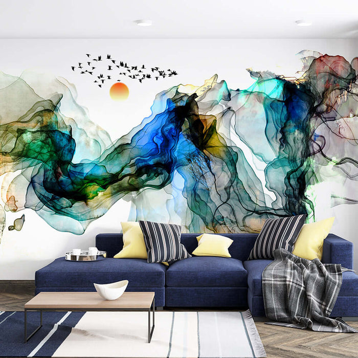 New Chinese ink landscape wallpaper | Abstract artistic conception themed mural showing flowing ink mountains and rivers with birds and sun, Eastern art filter for home decor