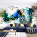 New Chinese ink landscape wallpaper | Abstract artistic conception themed mural showing flowing ink mountains and rivers with birds and sun, Eastern art filter for home decor
