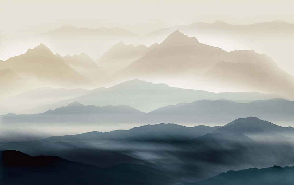 New Chinese ink landscape wallpaper | Zen style wall decoration with serene misty mountains artwork