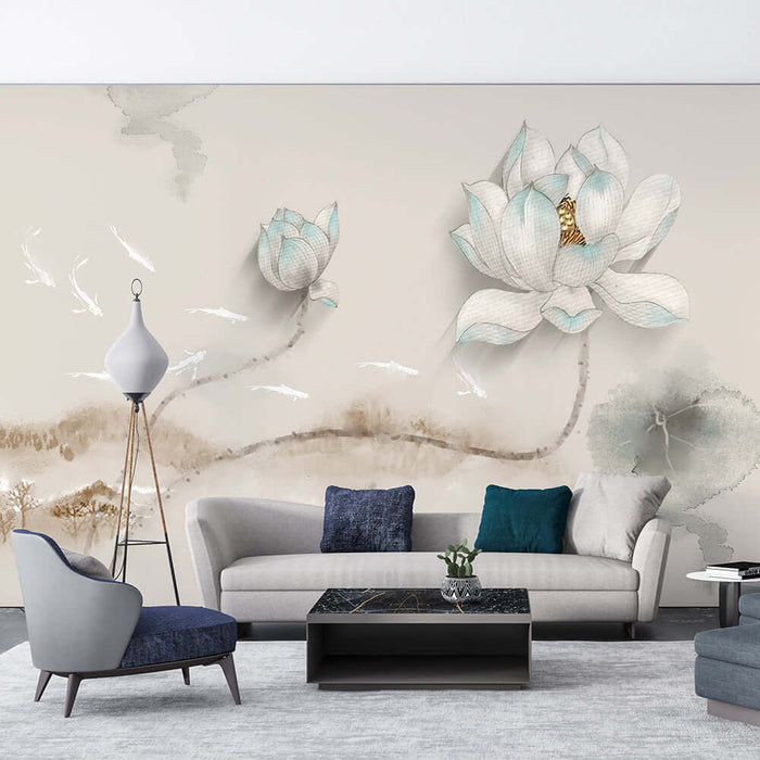 Light colored Chinese ink lotus wallpaper featuring lotus flowers and swimming fish in a serene living room.