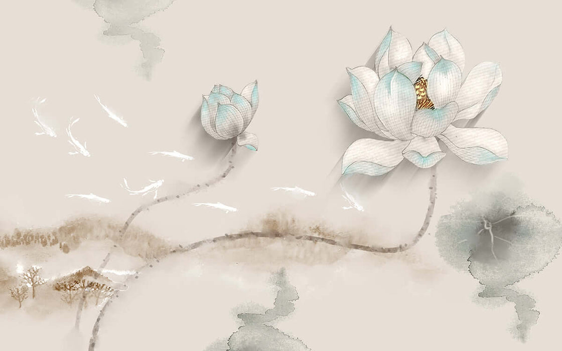 Chinese ink lotus wallpaper featuring elegant light-colored lotus flowers and serene swimming fish in a tranquil landscape.