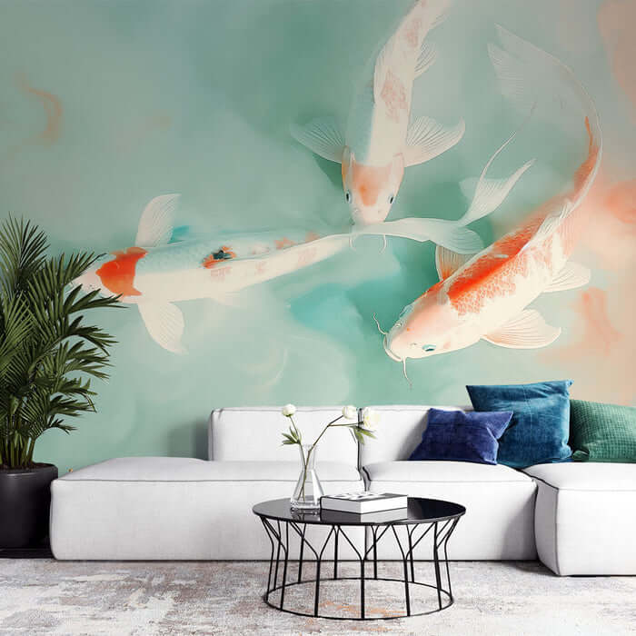 New Chinese Koi Wallpaper Mural | Auspicious Decorative Wall in Living Room and Bedroom with koi decor and luxurious Chinese style backdrop