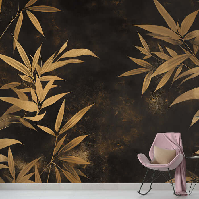 Black gold bamboo patterned wallpaper mural | New Chinese style decorative wall in living room and bedroom.