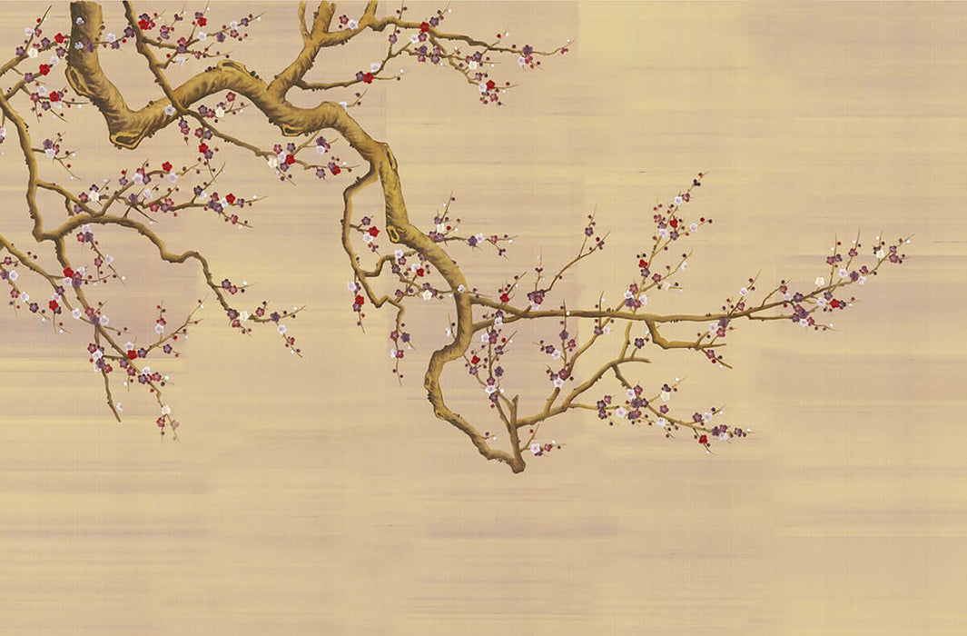 New Chinese style flower and bird wallpaper mural | Plum blossom imagery - Plum blossoms on a Chinese branch against warm backdrop
