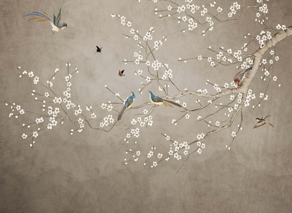 New Chinese style flower and bird wallpaper mural | Tea room Zen decoration