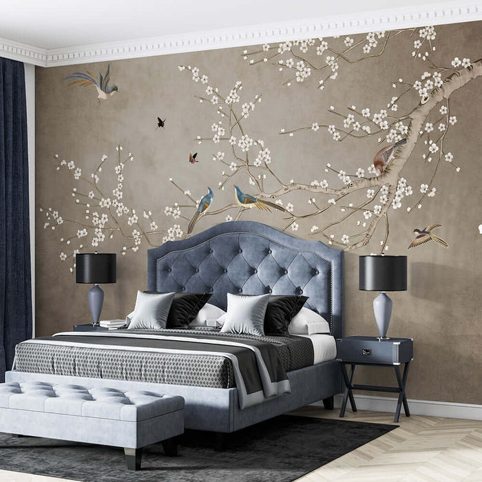 New Chinese style flower and bird wallpaper mural | Tea room Zen decoration depicting blossom branches and birds on a luxurious blue upholstered bed setup