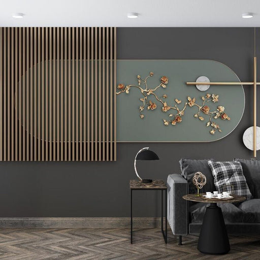 New Chinese wallpaper mural | Metal flowers paired with wooden elements - Carving wallpaper