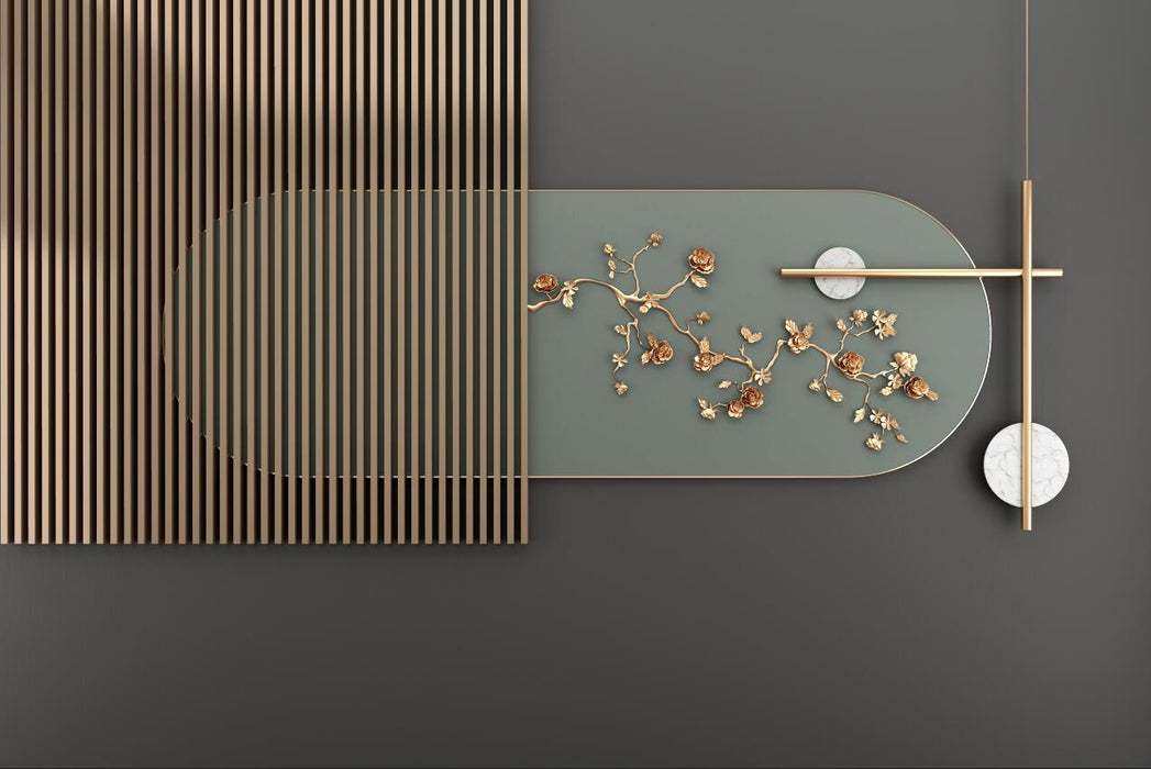 New Chinese wallpaper mural | Metal flowers paired with wooden elements - Carving wallpaper