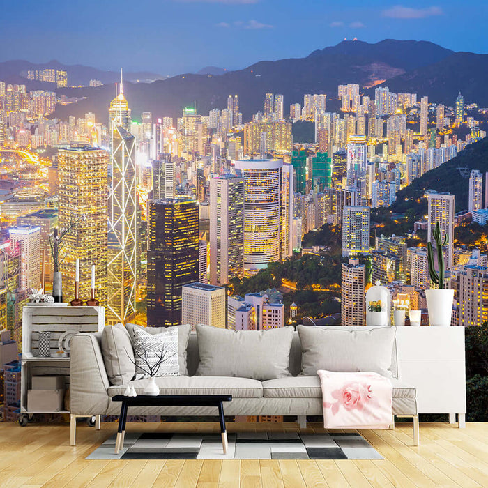 Night City Wallpaper | Urban Prosperous Landscape Mural: immersive night view of Hong Kong skyline with Victoria Harbour, dazzling lights, skyscrapers, and mountain backdrop