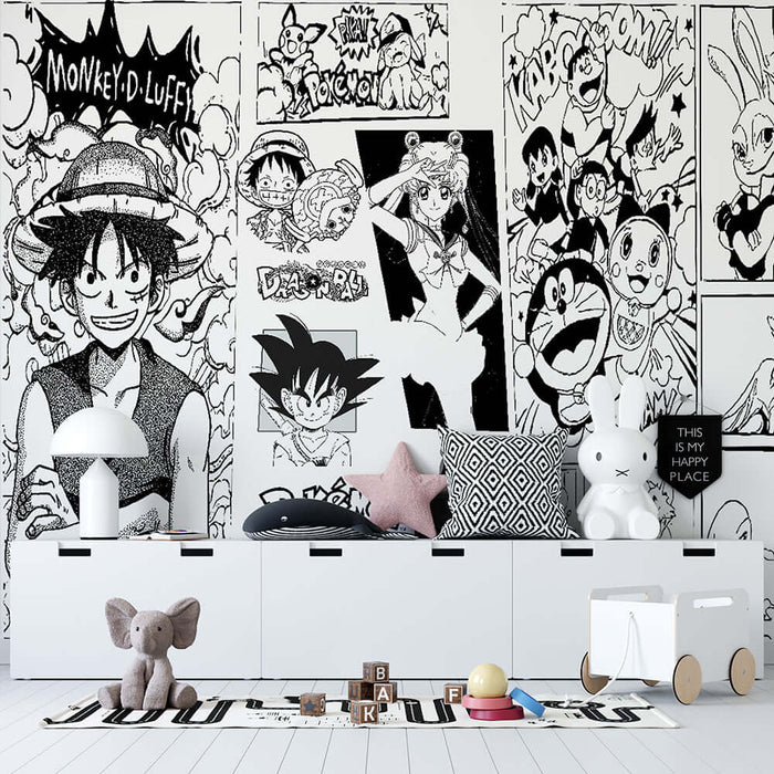 Nostalgic Anime Mural Wallpaper: Luffy, Goku, Doraemon Collection - classic character reunion mural collage in black-and-white for kids' room decor