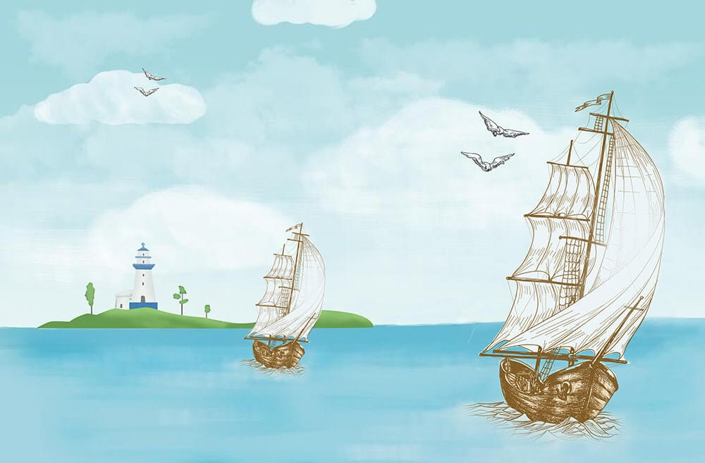 Ocean Breeze Wallpaper Mural – Sailboats, Lighthouse & Birds | Hand-Painted Sea View for Bedroom & Living Room