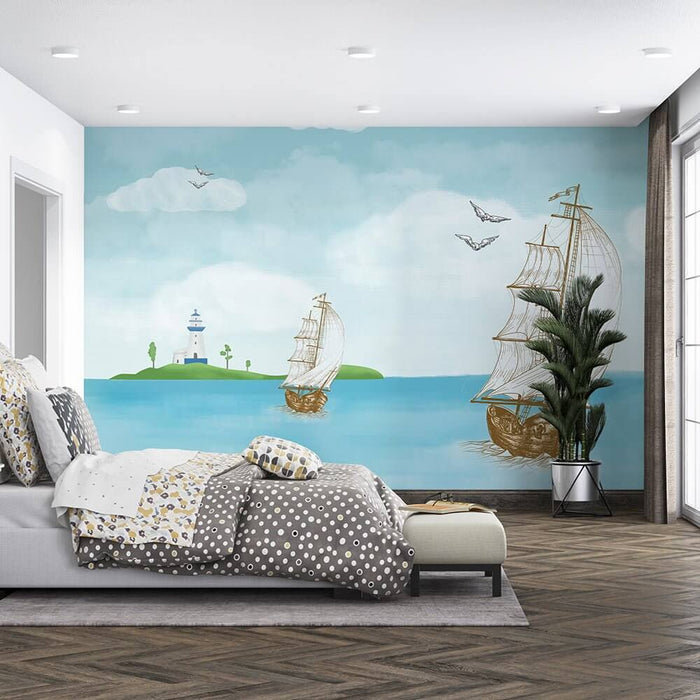 Ocean Breeze Wallpaper Mural – Sailboats, Lighthouse & Birds | Hand-Painted Sea View for Bedroom & Living Room