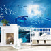 Ocean themed wallpaper | Children's room ocean mural with immersive marine ecology art featuring sea turtles, fish schools, sunlight gradients from light to deep blue