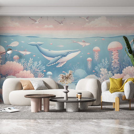 Ocean Wallpaper Mural | Jellyfish, Whales, and Giant Coral - Carving wallpaper