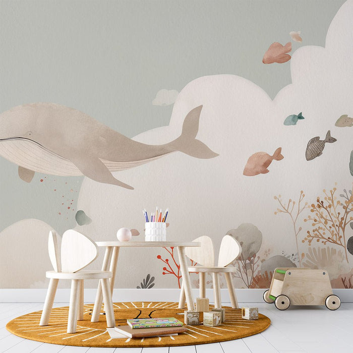 Ocean Wallpaper Mural | Whale Pink - Carving wallpaper