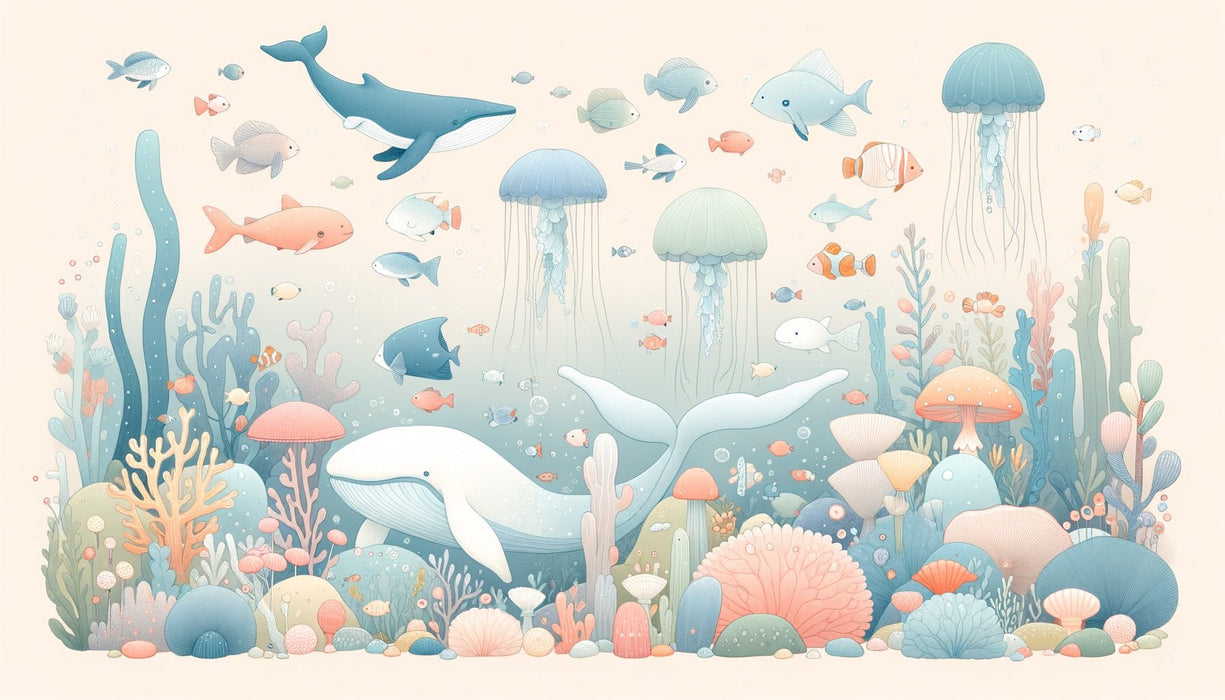 Ocean Wallpaper Murals | Underwater Animals and Plants with Soft Tones - Carving wallpaper