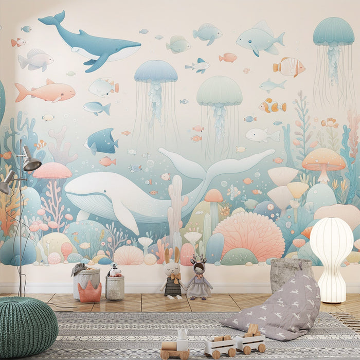 Ocean Wallpaper Murals | Underwater Animals and Plants with Soft Tones - Carving wallpaper