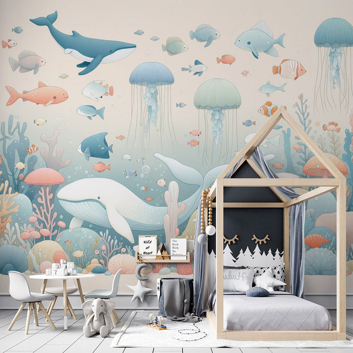 Ocean Wallpaper Murals | Underwater Animals and Plants with Soft Tones - Carving wallpaper