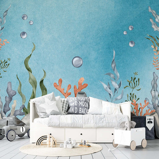 Ocean Watercolor Underwater World Wallpaper | Bedroom Children's Room Mural - tranquil ocean watercolor wall mural with seaweed and coral for a healing bedroom or kids' room