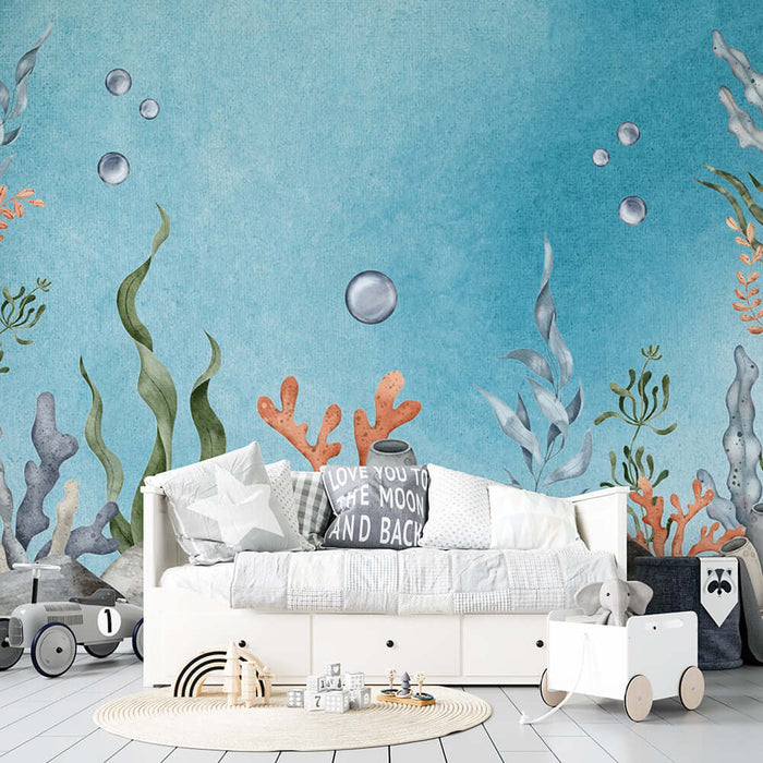 Ocean Watercolor Underwater World Wallpaper | Bedroom Children's Room Mural - tranquil ocean watercolor wall mural with seaweed and coral for a healing bedroom or kids' room