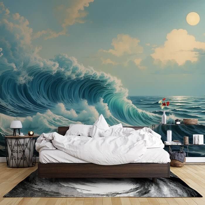 Ocean Wave & Sailboat Wallpaper Mural – Coastal Scenery for Bedroom & Living Room: dramatic ocean waves crashing behind a modern bed with moonlit sky and distant sailboats
