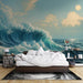 Ocean Wave & Sailboat Wallpaper Mural – Coastal Scenery for Bedroom & Living Room: dramatic ocean waves crashing behind a modern bed with moonlit sky and distant sailboats