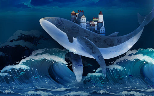 Ocean Whale Wallpaper Mural | Giant Whale Carrying Castle Full of Fantasy Colors - Carving wallpaper