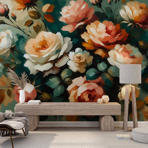Oil painting style floral wallpaper mural | Colorful roses - Carving wallpaper