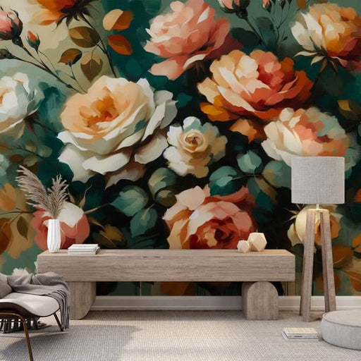 Oil painting style floral wallpaper mural | Colorful roses - vibrant vintage rose wall art for bedroom decor