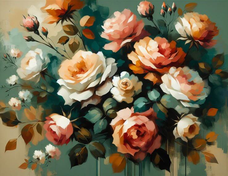 Oil painting style floral wallpaper mural | Colorful roses with vintage brushstrokes, warm orange to soft pink roses and deep green leaves for a European romantic bedroom atmosphere