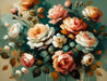 Oil painting style floral wallpaper mural | Colorful roses with vintage brushstrokes, warm orange to soft pink roses and deep green leaves for a European romantic bedroom atmosphere