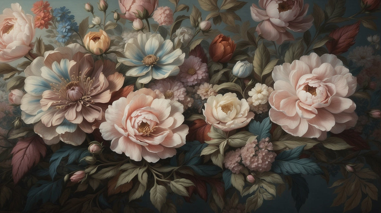 Oil painting style floral wallpaper mural | Pink, blue, orange flowers - Carving wallpaper