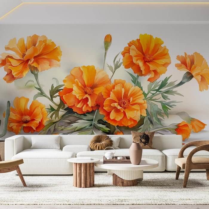 Sunlit Orange Blossom Wallpaper | Vibrant Watercolor Floral Mural for Joyful Interiors - orange blossoms mural in a bright living room