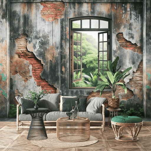 Outdated walls and window wallpaper murals | Enjoy views of tropical rainforests - Carving wallpaper