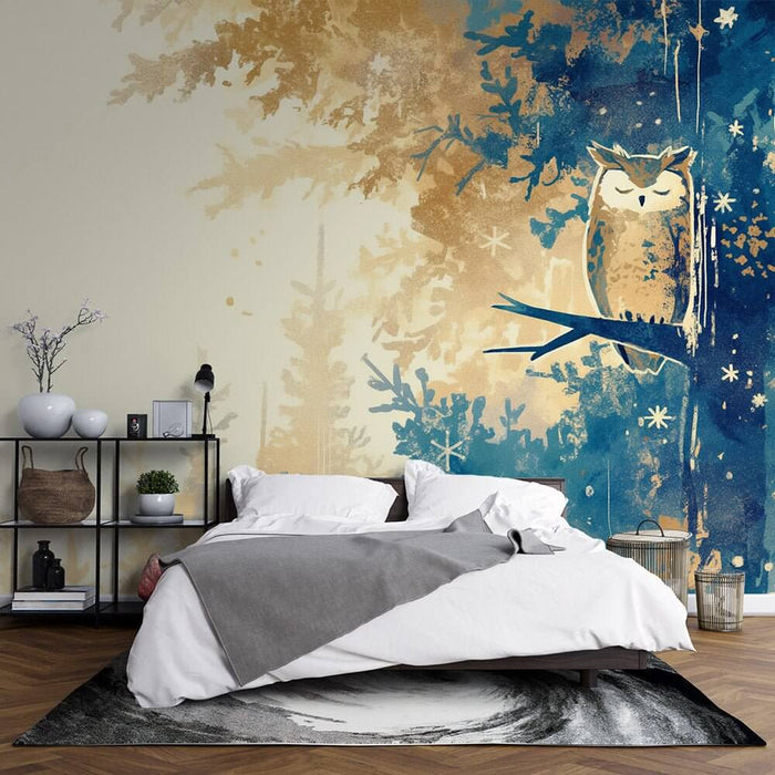 Owl Moon Night Forest Mural - Midnight Blue & Gold Wallpaper | Serene Artistic Décor