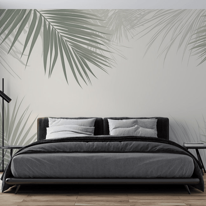 Palm leaf wallpaper is between green and beige - Carving wallpaper