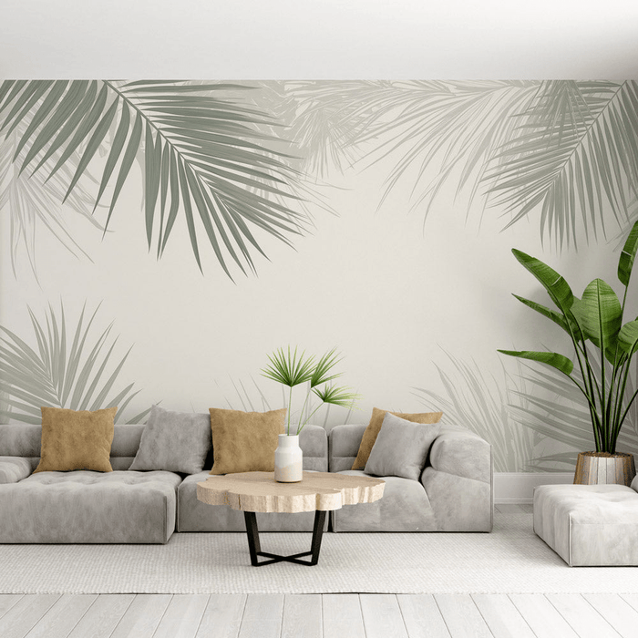 Palm leaf wallpaper is between green and beige - Carving wallpaper