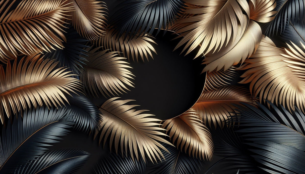 Palm Leaf Wallpaper Mural | Black, Gold - Carving wallpaper