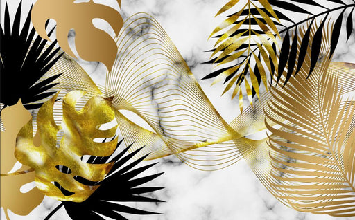 Palm Leaf Wallpaper Mural | Gold and Black Palm Leaves with Marble Patterns - Carving wallpaper