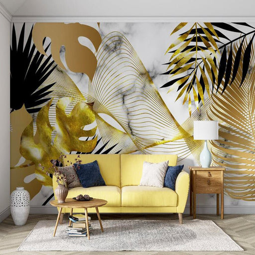 Palm Leaf Wallpaper Mural | Gold and Black Palm Leaves with Marble Patterns - Carving wallpaper