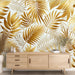 Palm Leaf Wallpaper Mural | Golden Leaves on a White Background - Carving wallpaper