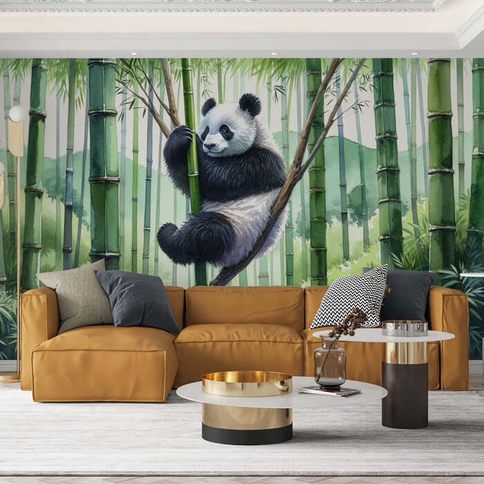 Panda bamboo wallpaper mural featuring a playful panda in a bamboo grove, perfect for children's room decor.