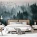 Panoramic Mist Forest Wallpaper: Ethereal Cedar Woods & Mountain Scenery