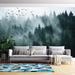 Panoramic Mist Forest Wallpaper: Ethereal Cedar Woods & Mountain Scenery - Misty cedar forests backdrop with mountains for serene living space
