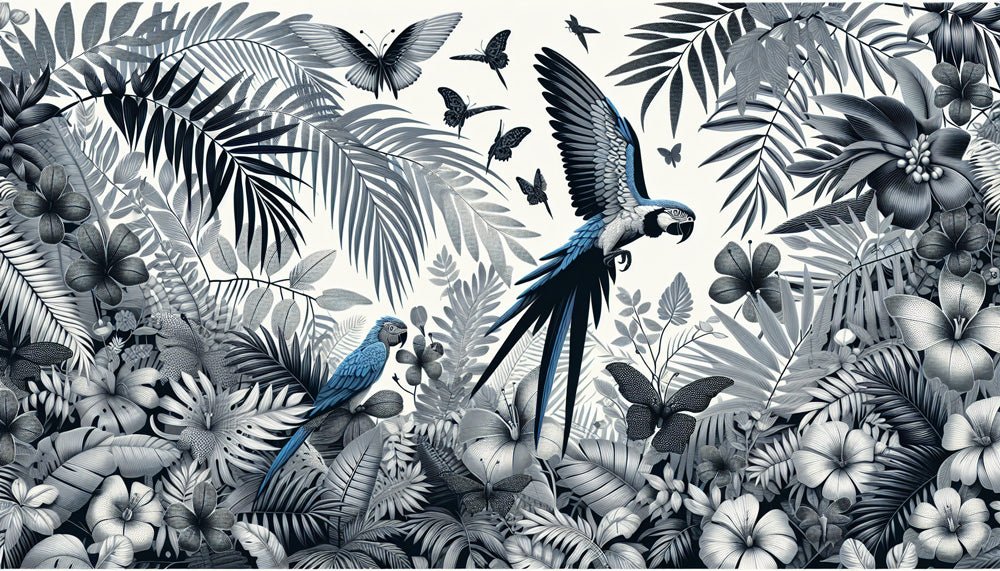 Parrot Wallpaper Mural | Black and White, Jungle - Carving wallpaper