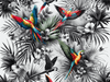 Parrot wallpaper mural featuring colorful birds and black and white tropical plants - Carving wallpaper