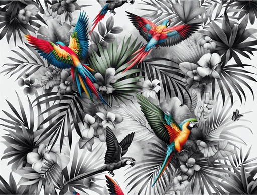 Parrot wallpaper mural featuring colorful birds and black and white tropical plants - Carving wallpaper