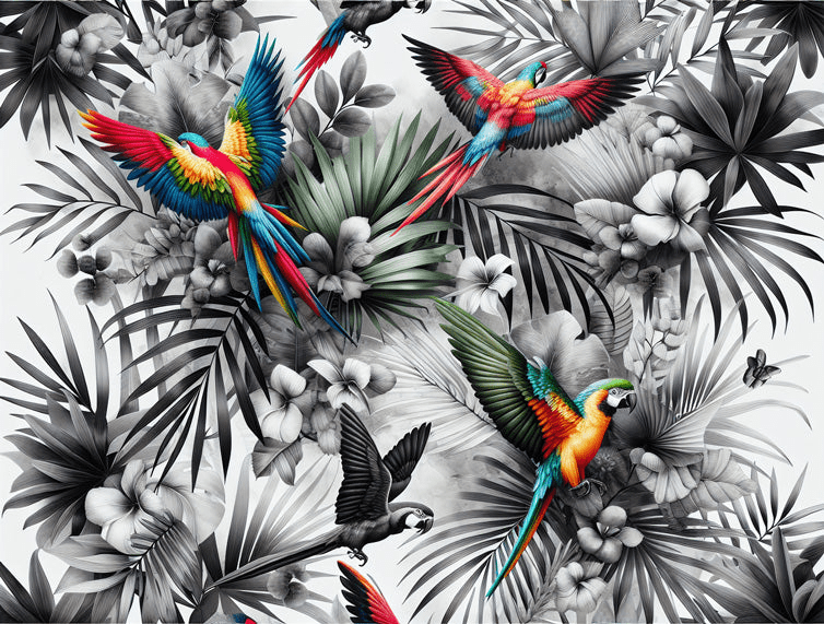 Parrot wallpaper mural featuring colorful birds and black and white tropical plants - Carving wallpaper